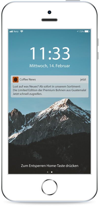 Vorstellung eines neuen Produktes per App Push Nachricht auf das Smartphone des Kundens